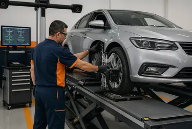 Mecânico ajustando o alinhamento de rodas de um carro em Vespasiano.