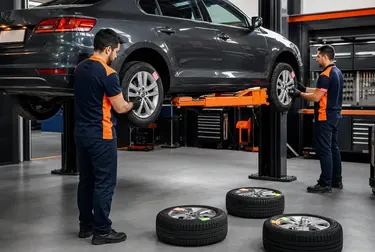 Mecânico realizando rodízio de pneus de um carro em Vespasiano.