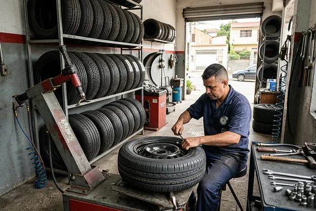 Pneus organizados e bem cuidados em uma borracharia de Vespasiano.