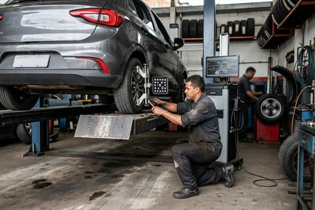 Profissional ajustando alinhamento e balanceamento de rodas em Vespasiano.