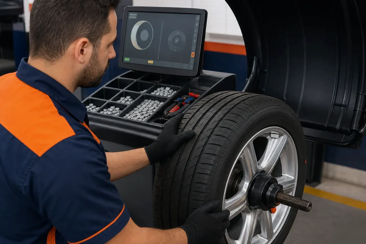 Profissional realizando balanceamento de rodas em Vespasiano com equipamentos especializados.
