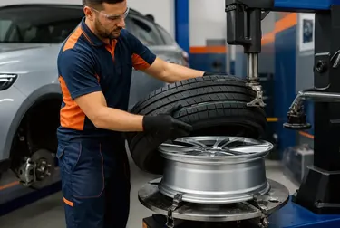 Profissional trocando pneus de um carro em Vespasiano utilizando ferramentas de borracharia.
